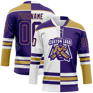 Custom Purple Old Gold-White Split Fashion Hockey Lace Neck Jersey