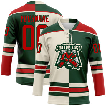 Custom Green Red-Cream Split Fashion Hockey Lace Neck Jersey