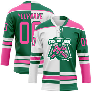Custom Kelly Green Pink-White Split Fashion Hockey Lace Neck Jersey