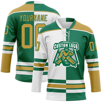Custom Kelly Green Old Gold-White Split Fashion Hockey Lace Neck Jersey