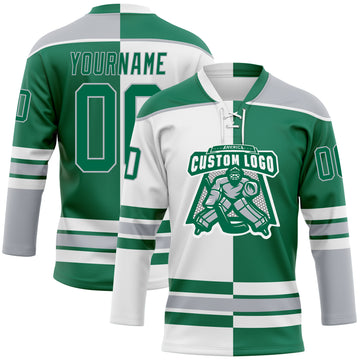 Custom Kelly Green Gray-White Split Fashion Hockey Lace Neck Jersey