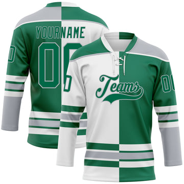 Custom Kelly Green Gray-White Split Fashion Hockey Lace Neck Jersey