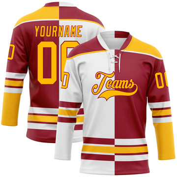 Custom Maroon Gold-White Split Fashion Hockey Lace Neck Jersey