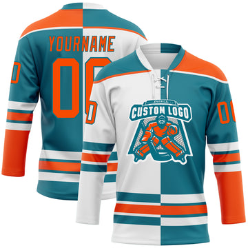 Custom Teal Orange-White Split Fashion Hockey Lace Neck Jersey