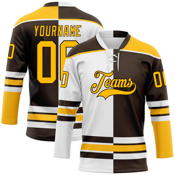 Custom Brown Gold-White Split Fashion Hockey Lace Neck Jersey