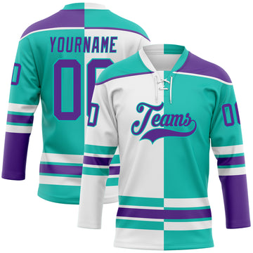 Custom Aqua Purple-White Split Fashion Hockey Lace Neck Jersey
