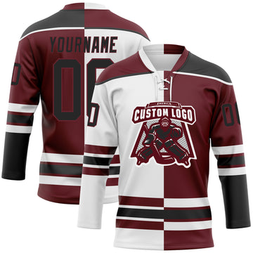 Custom Burgundy Black-White Split Fashion Hockey Lace Neck Jersey