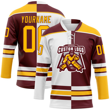 Custom Burgundy Gold-White Split Fashion Hockey Lace Neck Jersey