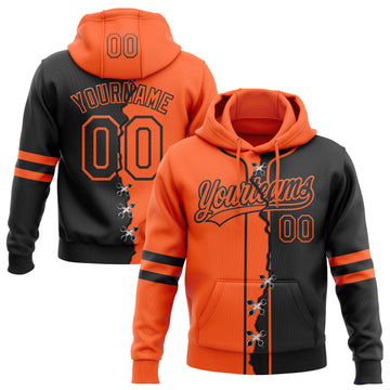 Custom Black Orange Split Ripped Pattern Baseball Pullover Sweatshirt Hoodie