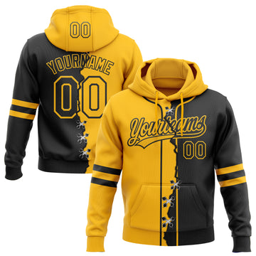 Custom Black Gold Split Ripped Pattern Baseball Pullover Sweatshirt Hoodie