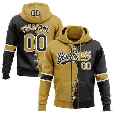 Custom Black Old Gold-White Split Ripped Pattern Baseball Pullover Sweatshirt Hoodie