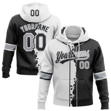 Custom Black Gray-White Split Ripped Pattern Baseball Pullover Sweatshirt Hoodie