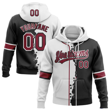 Custom Black Crimson-White Split Ripped Pattern Baseball Pullover Sweatshirt Hoodie