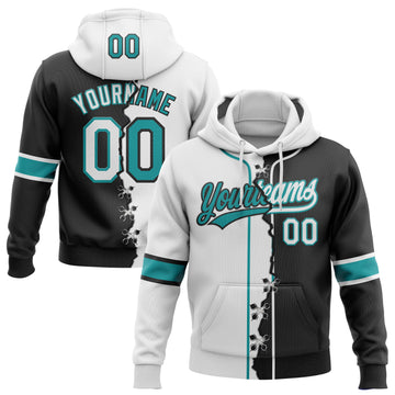 Custom Black White-Teal Split Ripped Pattern Baseball Pullover Sweatshirt Hoodie