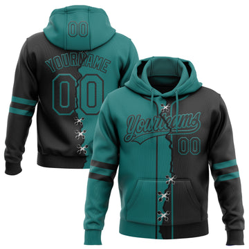 Custom Black Teal Split Ripped Pattern Baseball Pullover Sweatshirt Hoodie