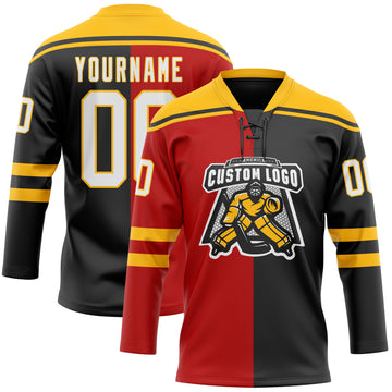 Custom Black White Red-Gold Split Fashion Hockey Lace Neck Jersey