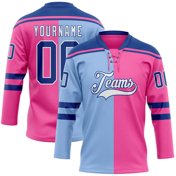 Custom Pink Royal Light Blue-White Split Fashion Hockey Lace Neck Jersey