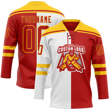 Custom Red Gold-White Split Fashion Hockey Lace Neck Jersey