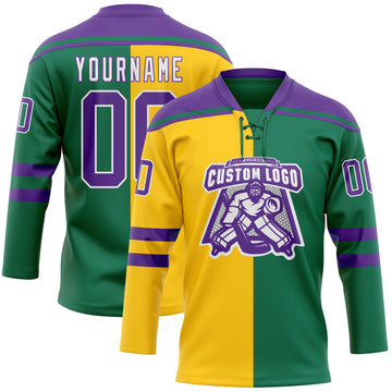 Custom Kelly Green Purple Yellow-White Split Fashion Hockey Lace Neck Jersey