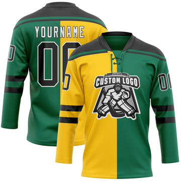 Custom Kelly Green Black Yellow-White Split Fashion Hockey Lace Neck Jersey