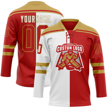 Custom Red Old Gold-White Split Fashion Hockey Lace Neck Jersey