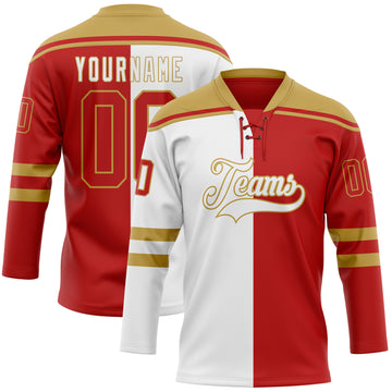 Custom Red Old Gold-White Split Fashion Hockey Lace Neck Jersey