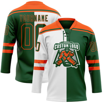 Custom Green Orange-White Split Fashion Hockey Lace Neck Jersey
