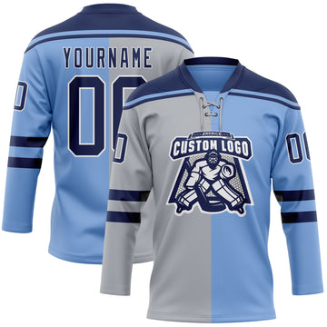 Custom Powder Blue Navy Gray-White Split Fashion Hockey Lace Neck Jersey