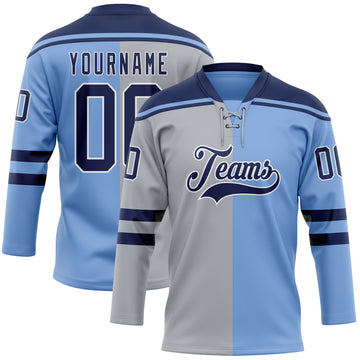 Custom Powder Blue Navy Gray-White Split Fashion Hockey Lace Neck Jersey