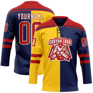 Custom Navy Red Yellow-White Split Fashion Hockey Lace Neck Jersey