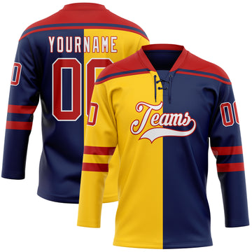 Custom Navy Red Yellow-White Split Fashion Hockey Lace Neck Jersey