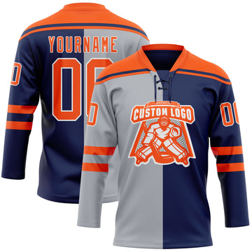 Custom Navy Orange Gray-White Split Fashion Hockey Lace Neck Jersey