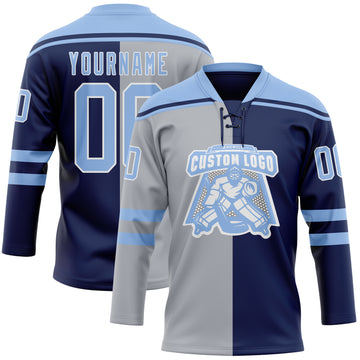 Custom Navy Light Blue Gray-White Split Fashion Hockey Lace Neck Jersey