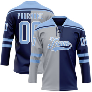 Custom Navy Light Blue Gray-White Split Fashion Hockey Lace Neck Jersey