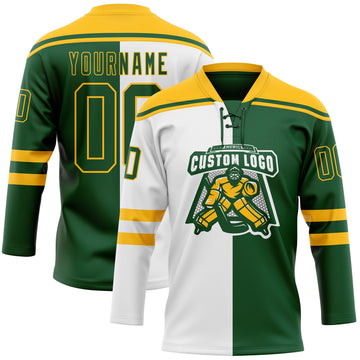 Custom Green Gold-White Split Fashion Hockey Lace Neck Jersey