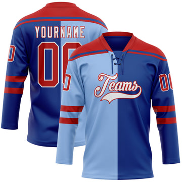 Custom Royal Red Light Blue-White Split Fashion Hockey Lace Neck Jersey