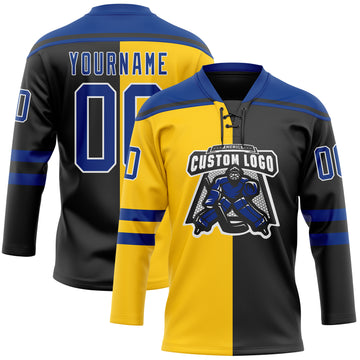 Custom Black Royal Yellow-White Split Fashion Hockey Lace Neck Jersey