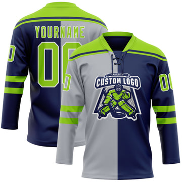 Custom Navy Neon Green Gray-White Split Fashion Hockey Lace Neck Jersey
