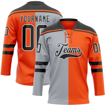 Custom Orange Black Gray-White Split Fashion Hockey Lace Neck Jersey
