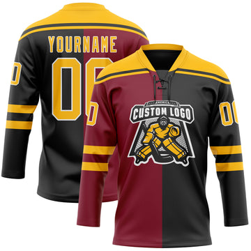 Custom Black Gold Crimson-White Split Fashion Hockey Lace Neck Jersey