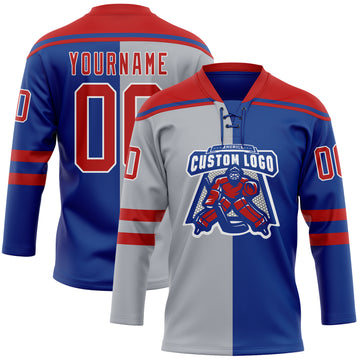 Custom Royal Red Gray-White Split Fashion Hockey Lace Neck Jersey
