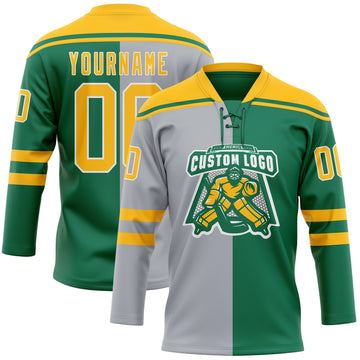 Custom Kelly Green Gold Gray-White Split Fashion Hockey Lace Neck Jersey