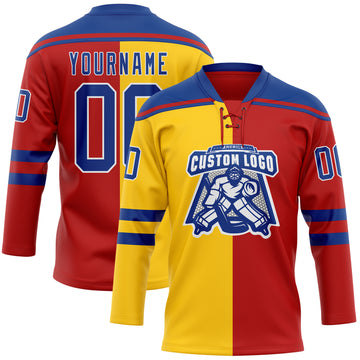 Custom Red Royal Yellow-White Split Fashion Hockey Lace Neck Jersey