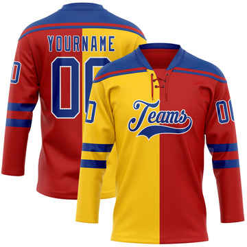 Custom Red Royal Yellow-White Split Fashion Hockey Lace Neck Jersey