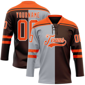 Custom Brown Orange Gray-White Split Fashion Hockey Lace Neck Jersey