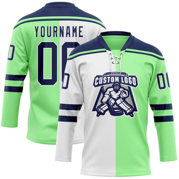 Custom Pea Green Navy-White Split Fashion Hockey Lace Neck Jersey