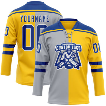 Custom Yellow Royal Gray-White Split Fashion Hockey Lace Neck Jersey