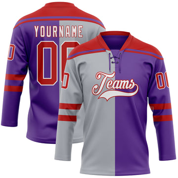 Custom Purple Red Gray-White Split Fashion Hockey Lace Neck Jersey