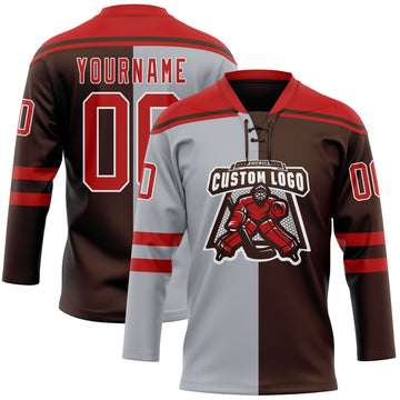 Custom Brown Red Gray-White Split Fashion Hockey Lace Neck Jersey
