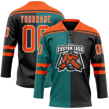 Custom Black Orange Teal-White Split Fashion Hockey Lace Neck Jersey